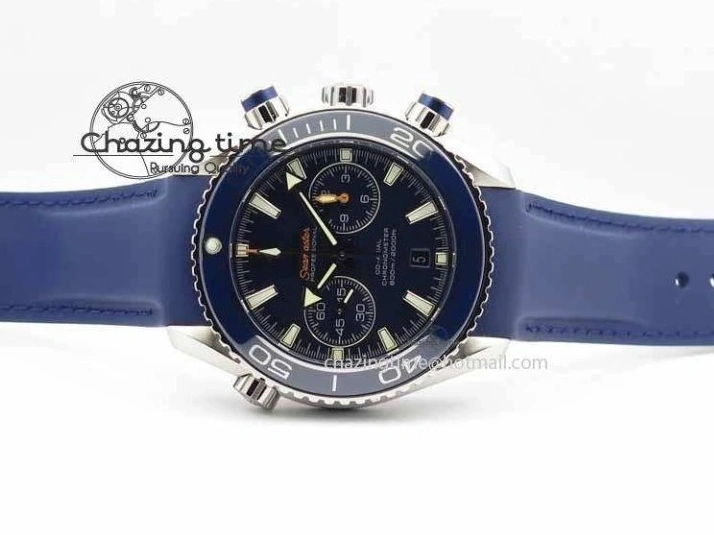 0203 Chic Planet Ocean Master Chrono 45mm SS OM 1:1 Best Edition Blue Dial On Blue Rubber Strap A 8172